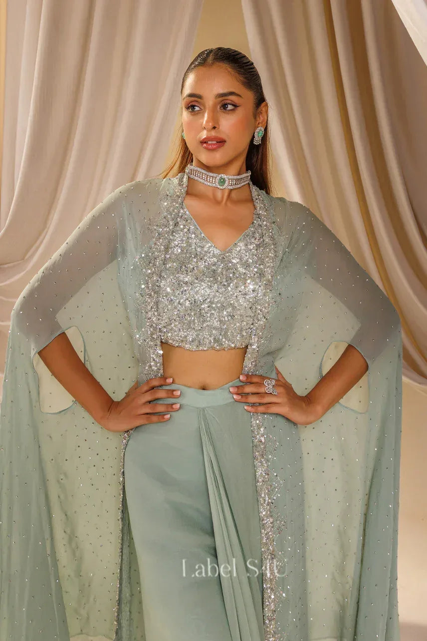 Mint Green Draped Pant Set with Embellished Bustier & Cape |Label S4U - MishUUU