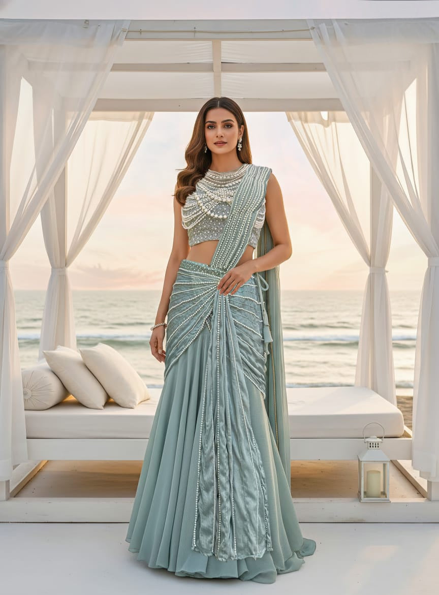 Seafoam Pearl Draped Saree Couture