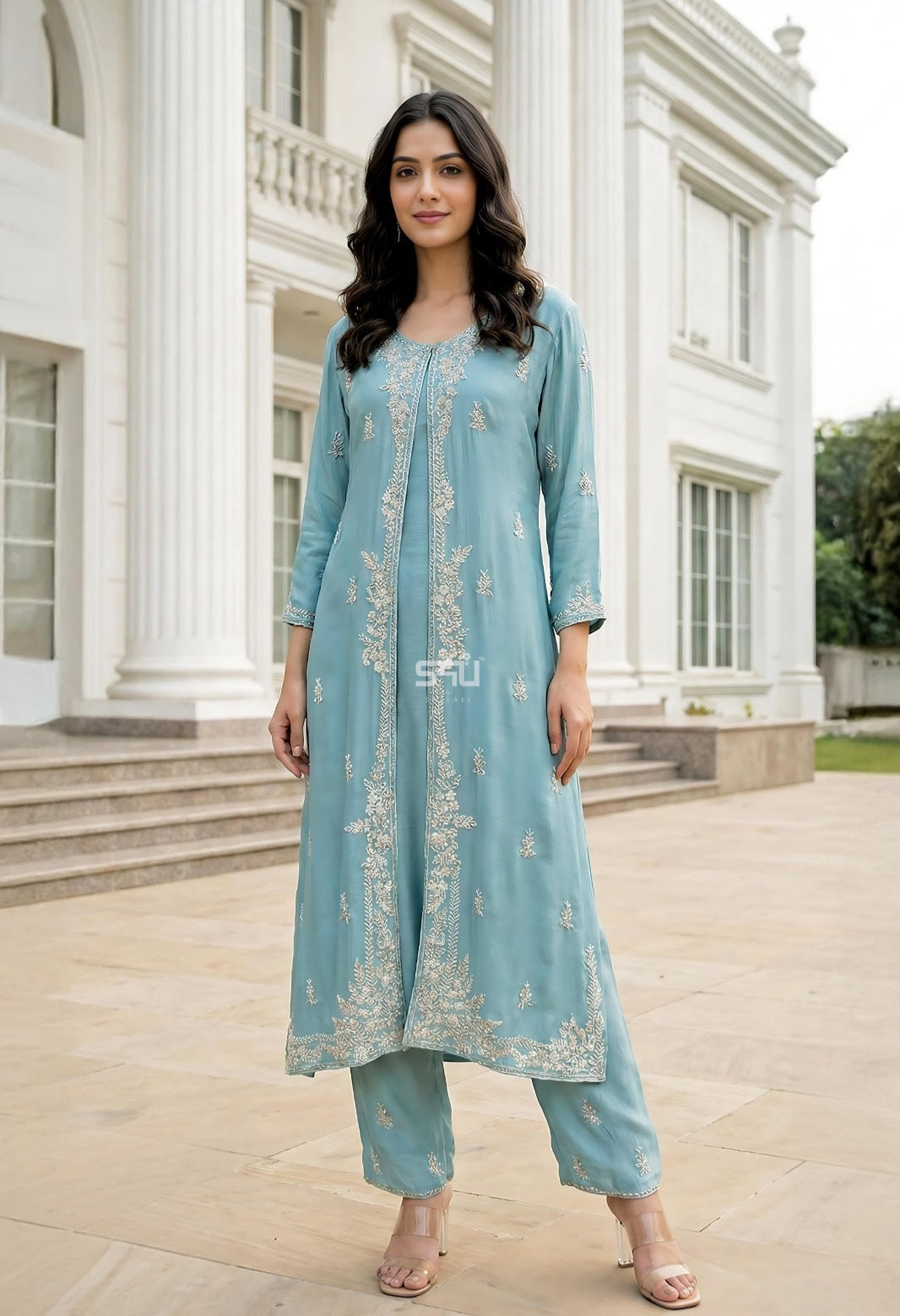 Aqua Silver Embroidered Luxe Kurta Set