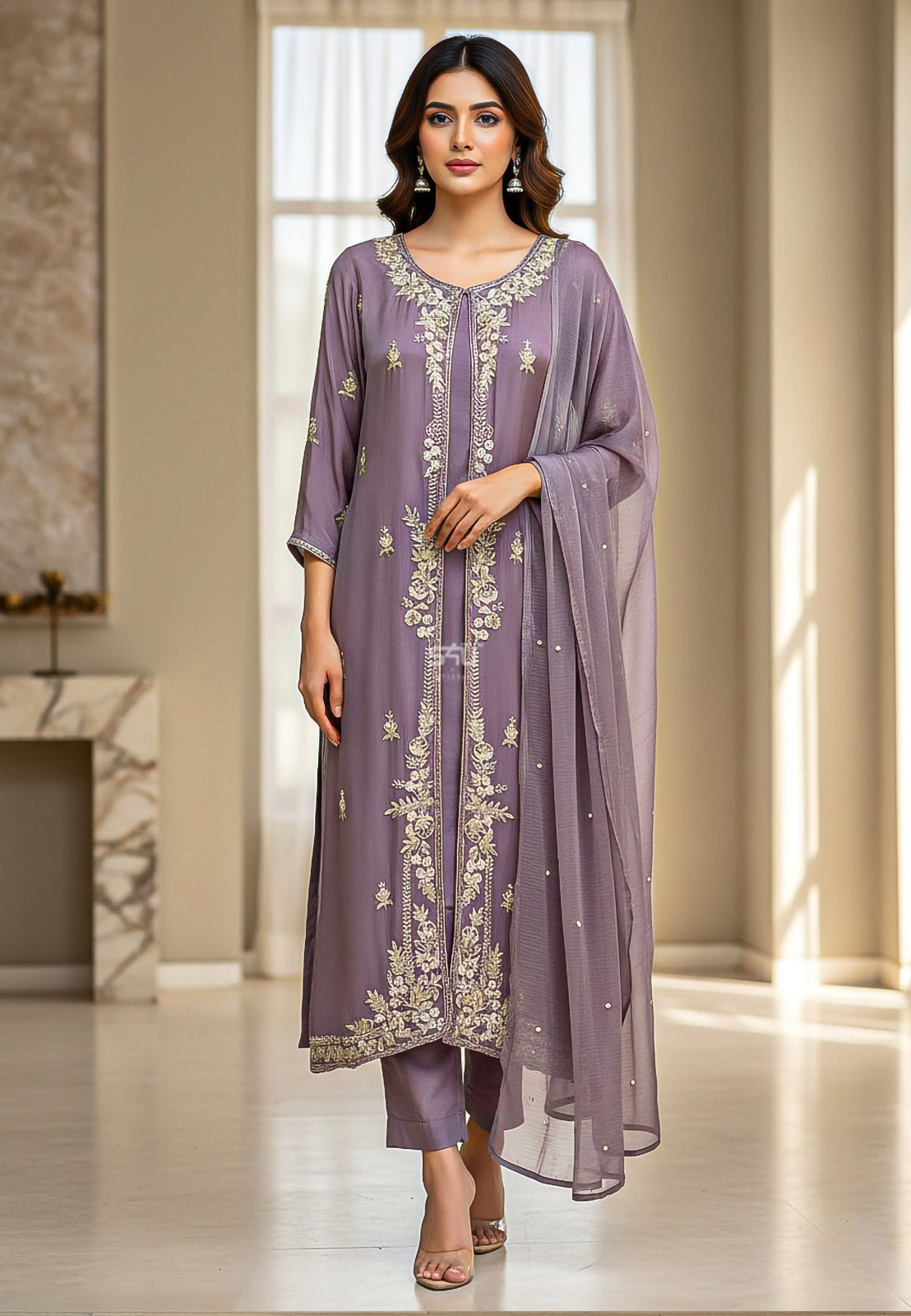 Mauve Gold Embroidered Luxe Kurta Set