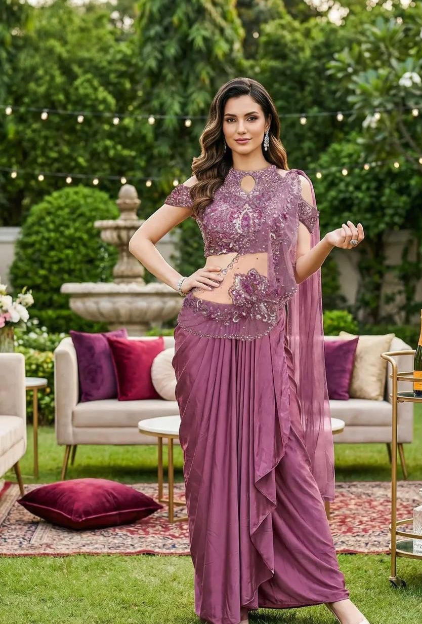 Mauve Drape Saree Set