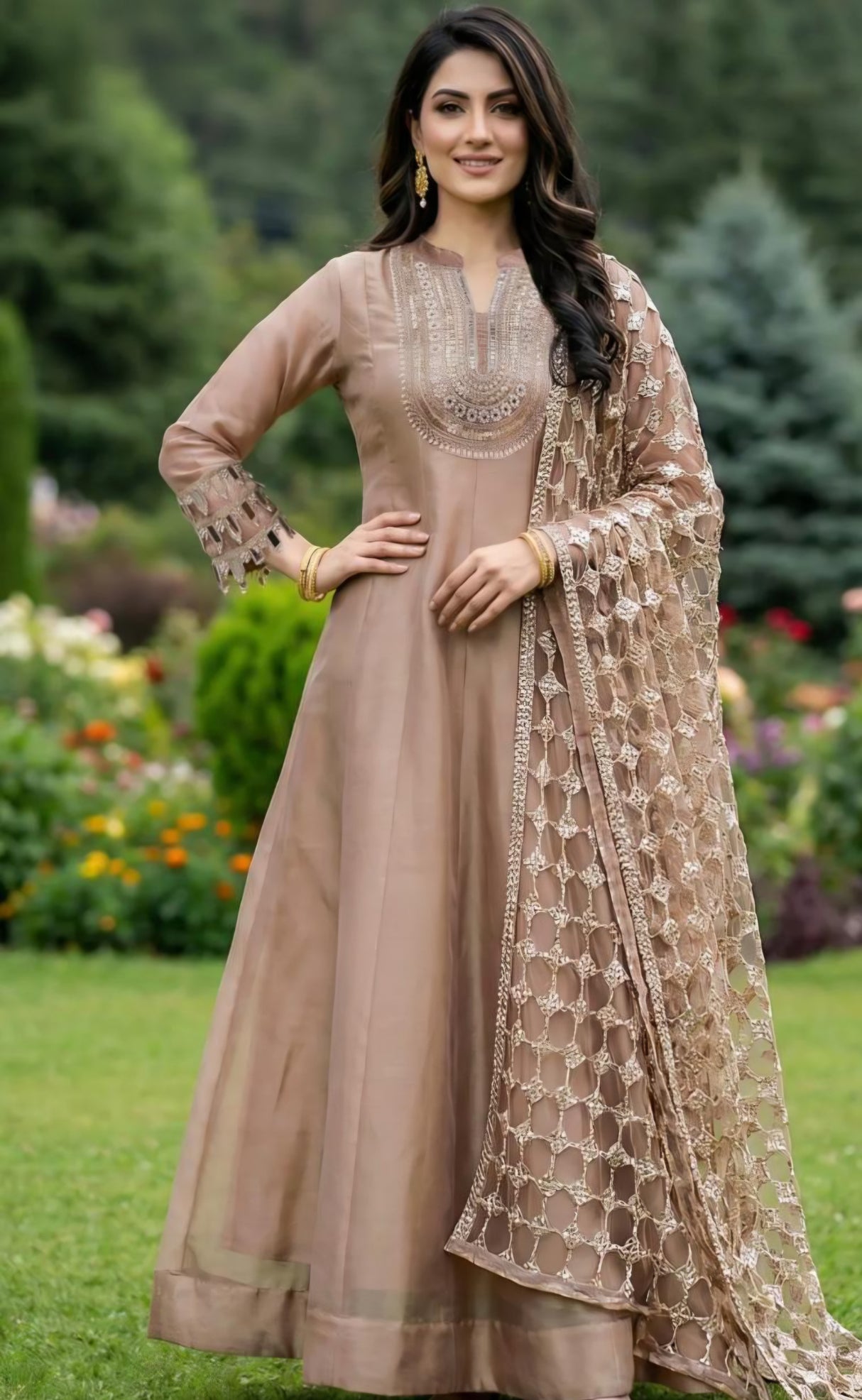 Taupe Embroidered Anarkali Set