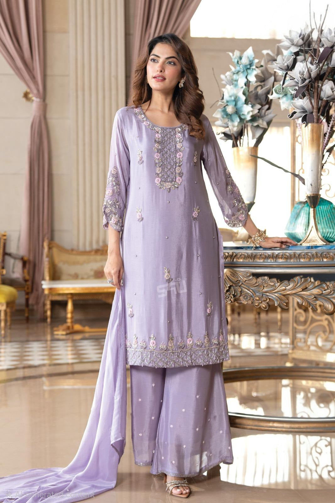 Lavender Embroidered Kurta Palazzo Set