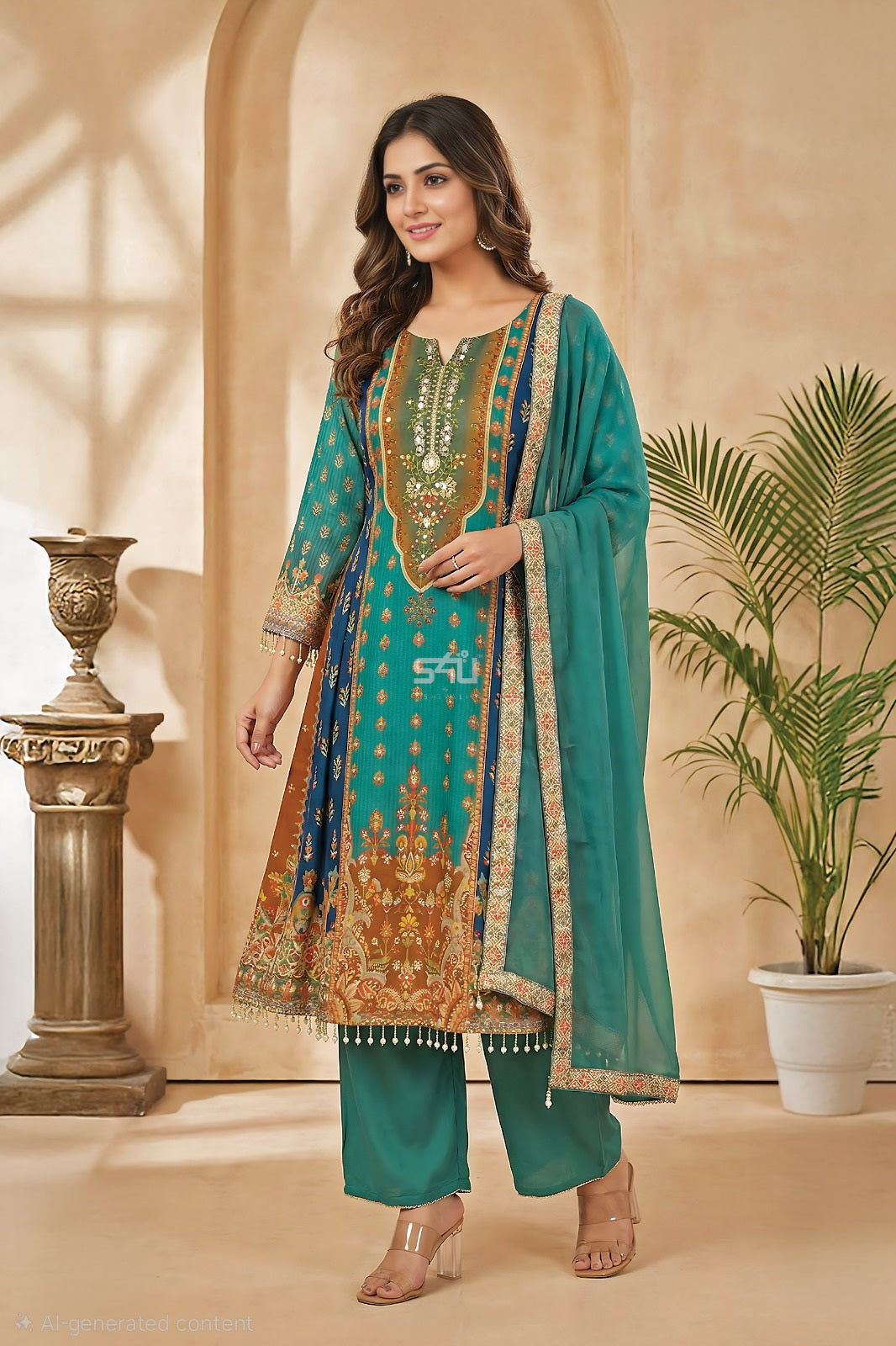 Teal Printed Embroidered Suit Set