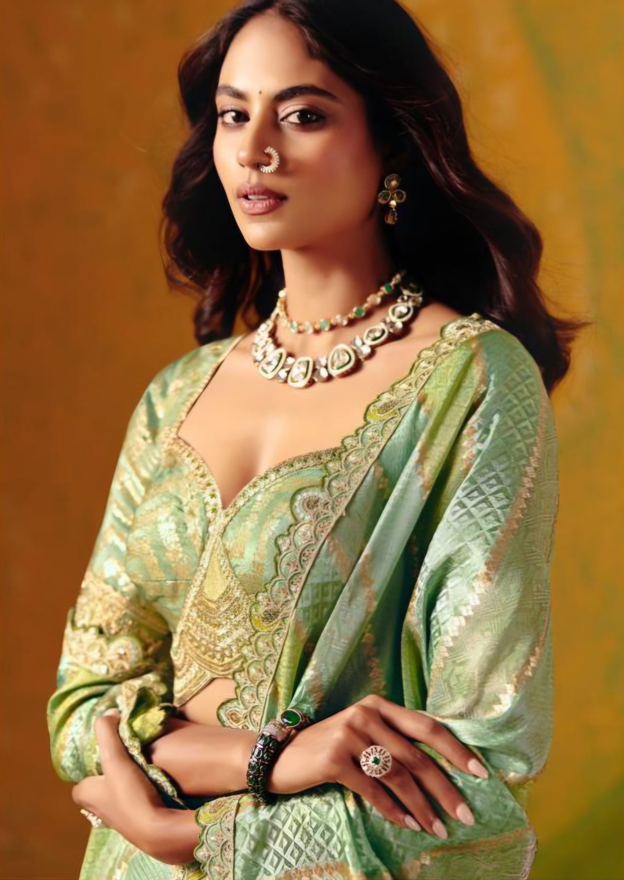 Mint Zari Drape Saree Couture Ensemble