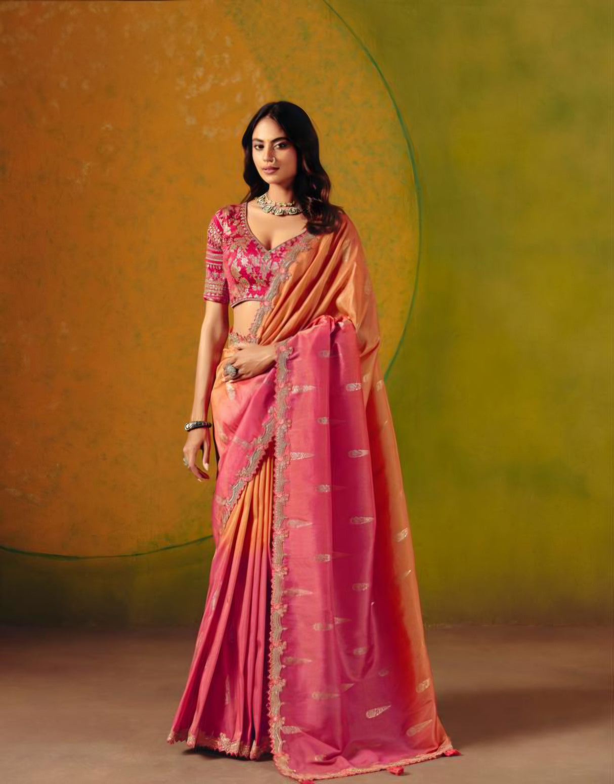 Rose Peach Zari Saree Couture Ensemble
