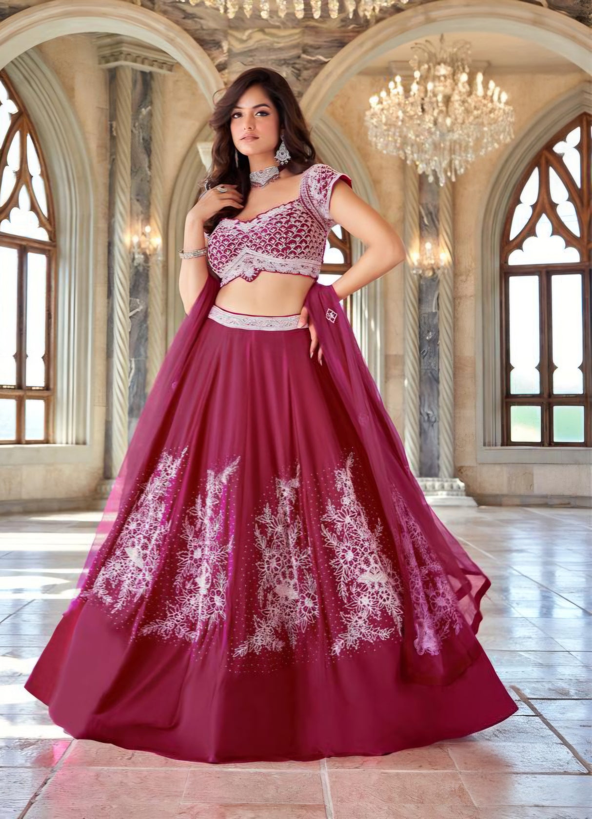 Ruby Rose Silver Embroidered Lehenga Couture Ensemble