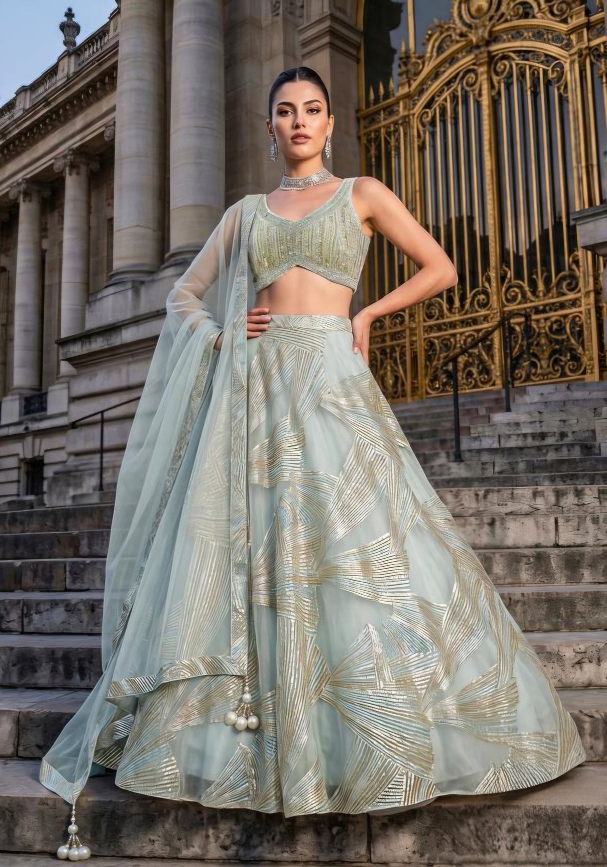 Sage Silver Geometric Luxe Lehenga Couture Set