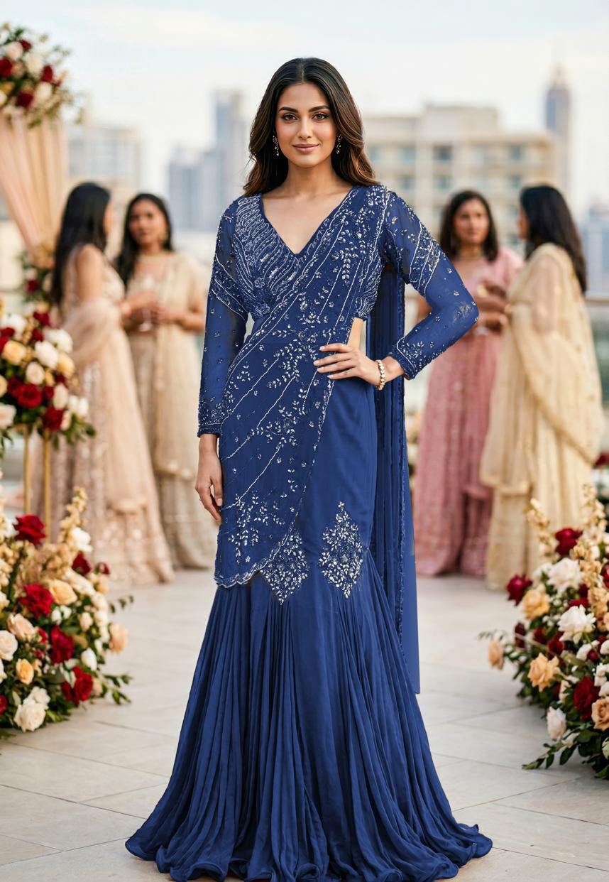 Midnight Sapphire Silver Draped Sharara Couture Set