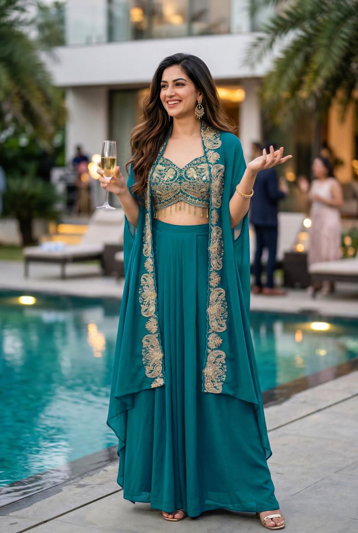 Teal Zari Cape Palazzo Couture Ensemble