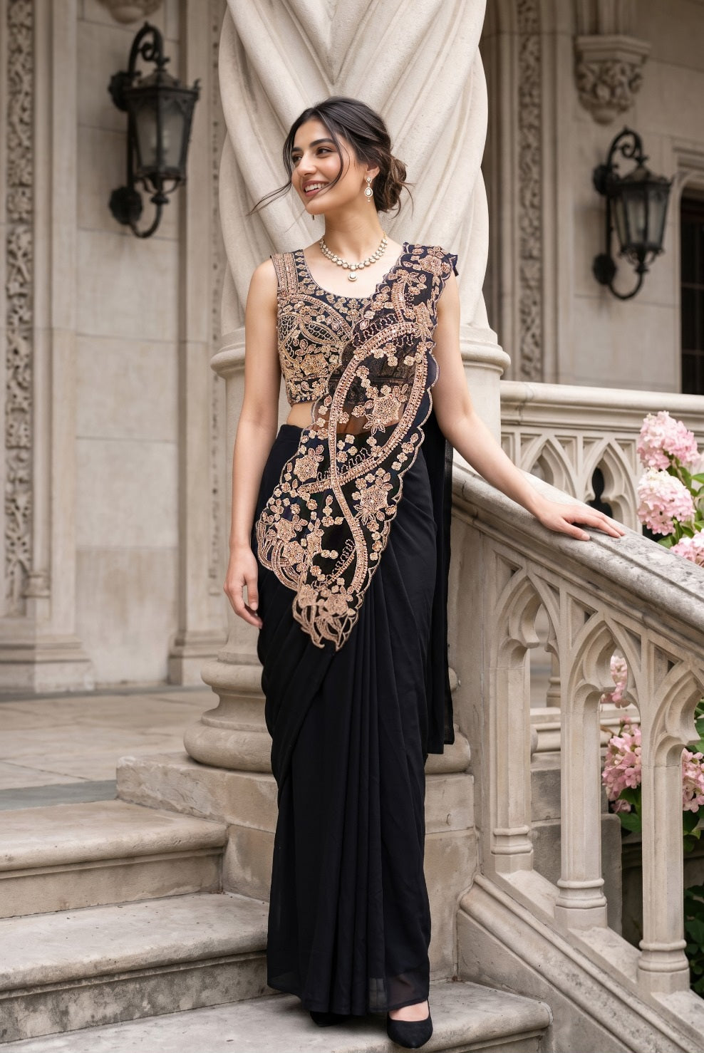 Noir Rose Embroidered Draped Saree Set