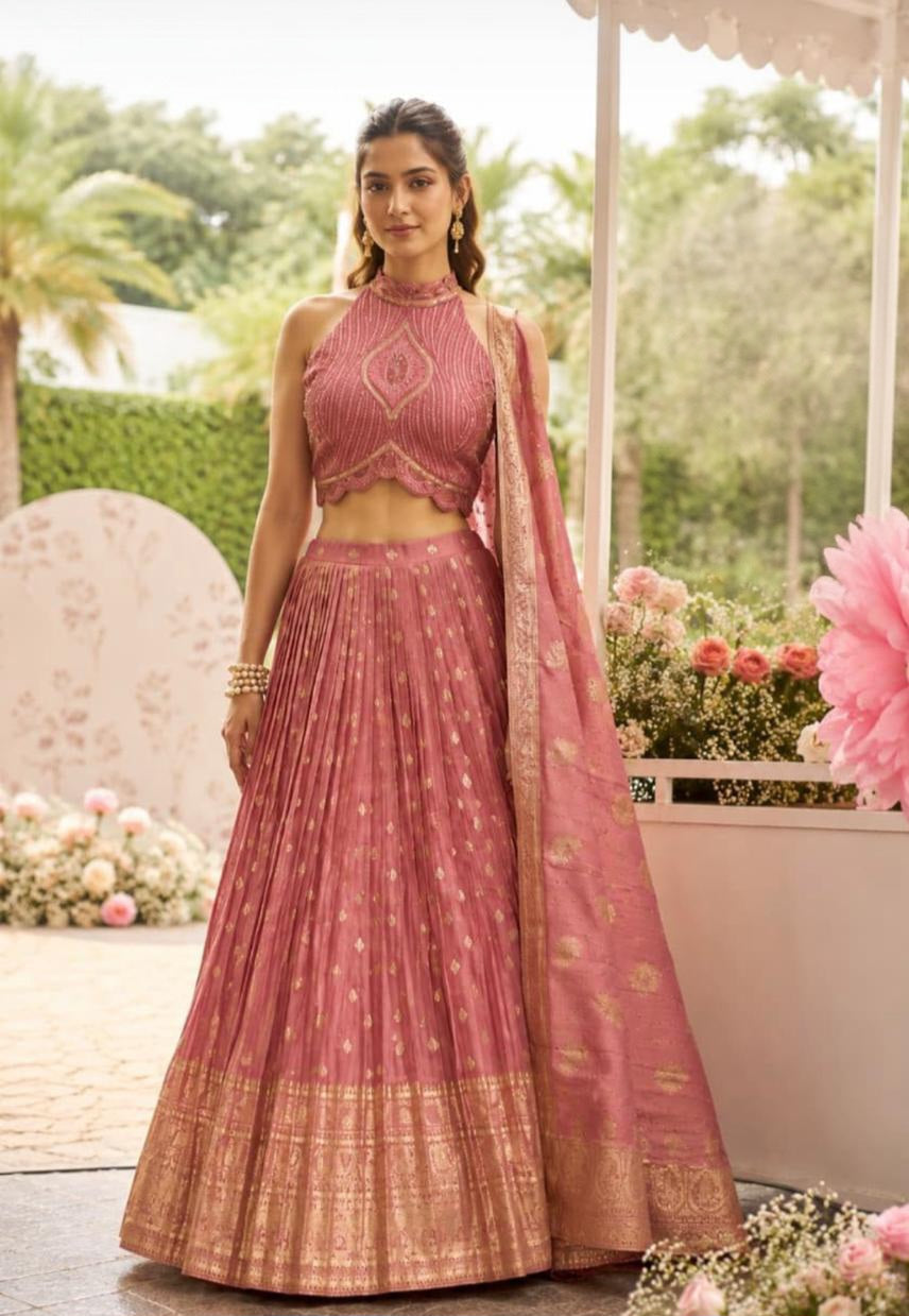 Rose Gold Pleated Lehenga Set