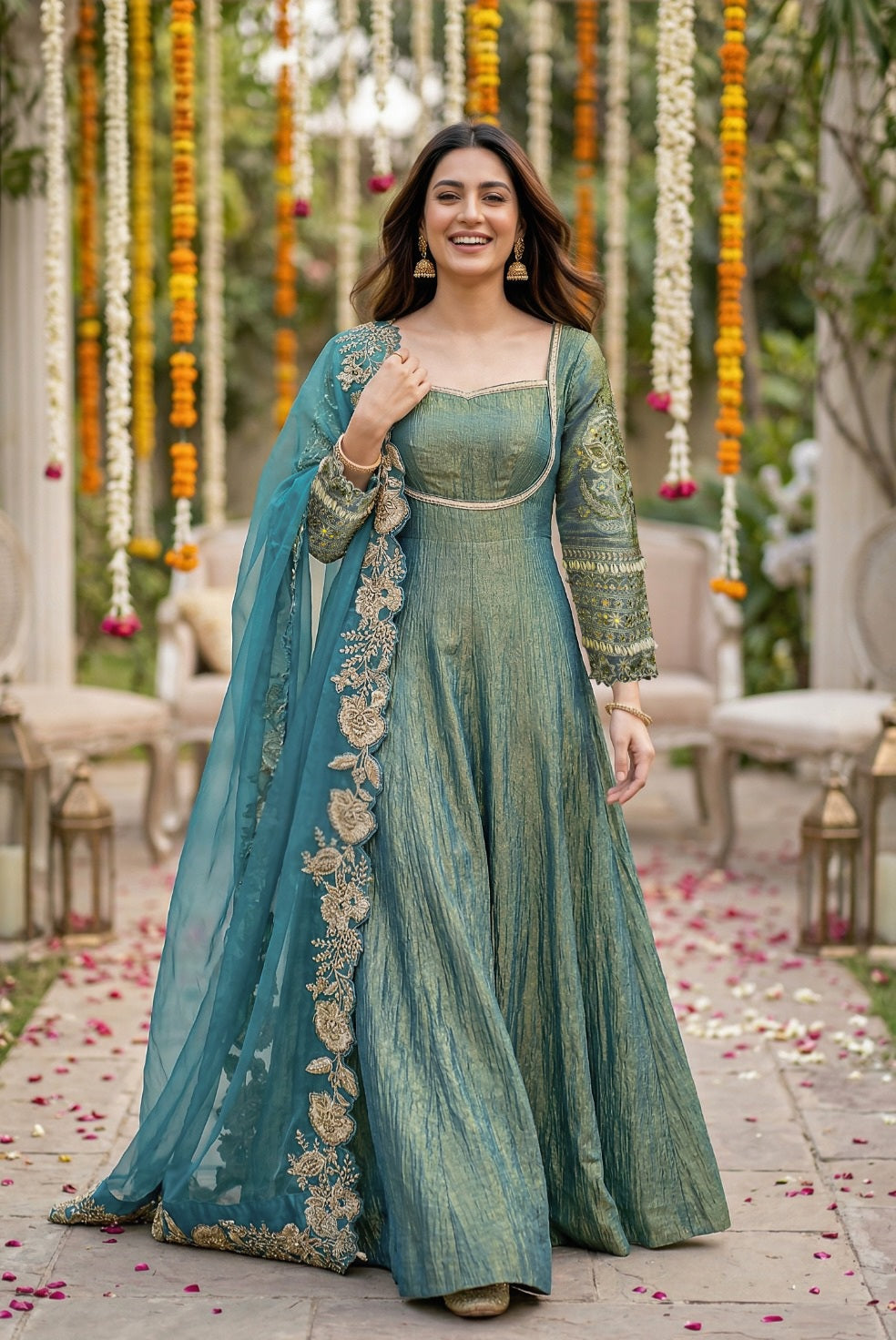 Teal Gold Anarkali Gown Set