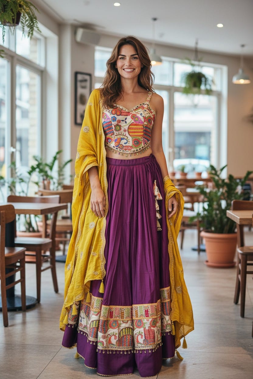 Plum Mustard Kutchi Lehenga Set