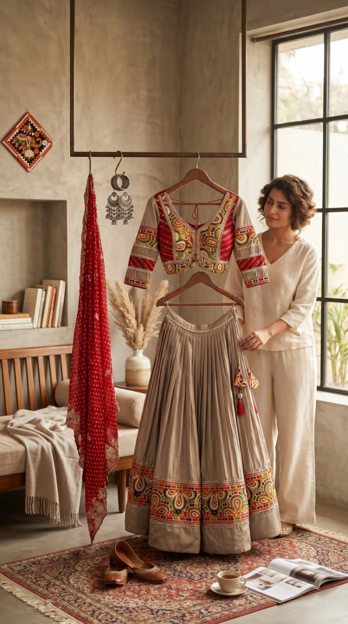 Taupe Red Kutchi Lehenga Set