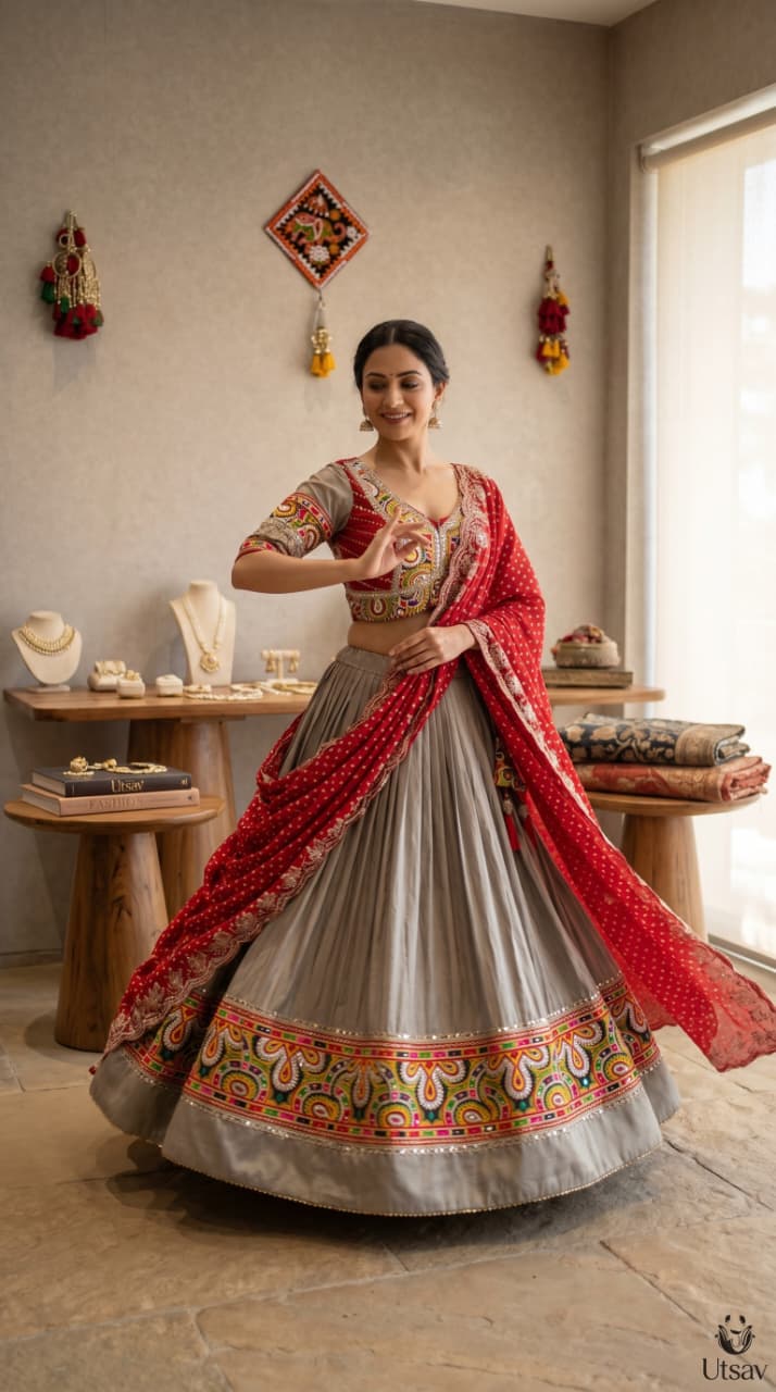 Silver Red Kutchi Lehenga Set