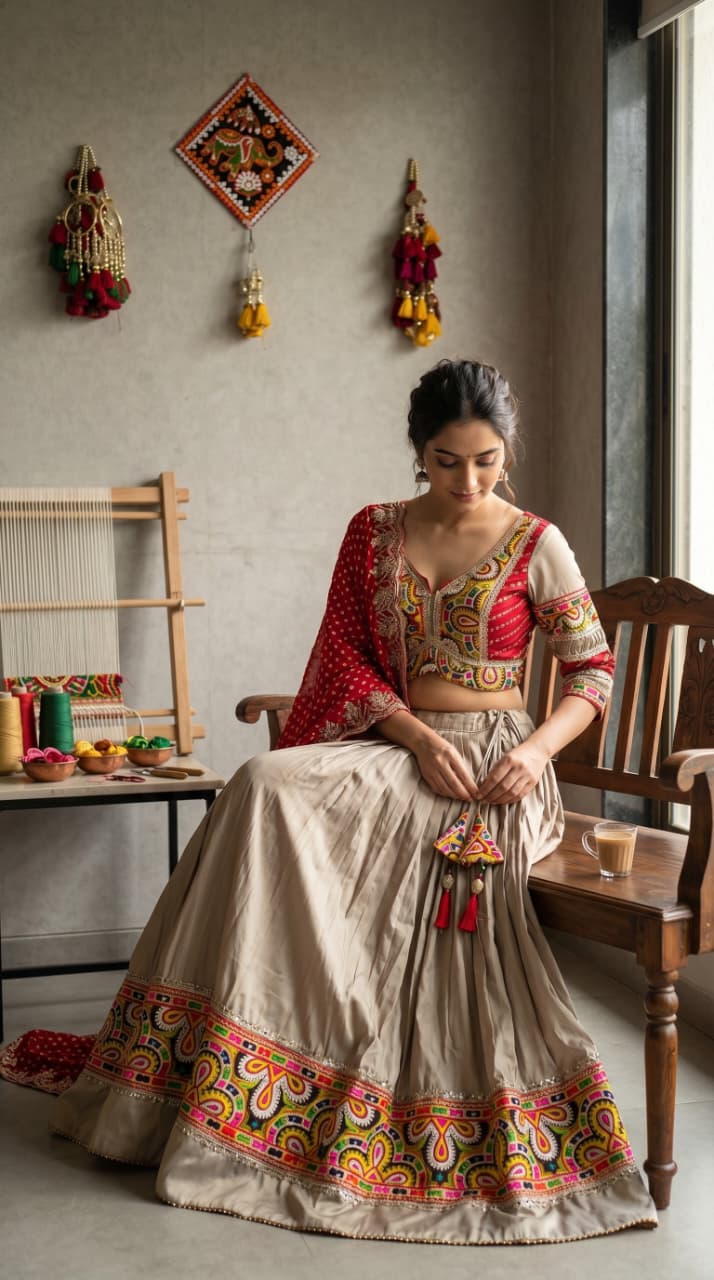Taupe Red Kutchi Lehenga Set
