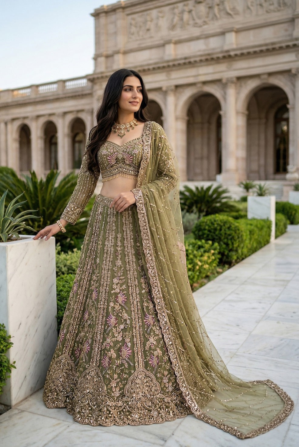Olive Champagne Embroidered Lehenga Set