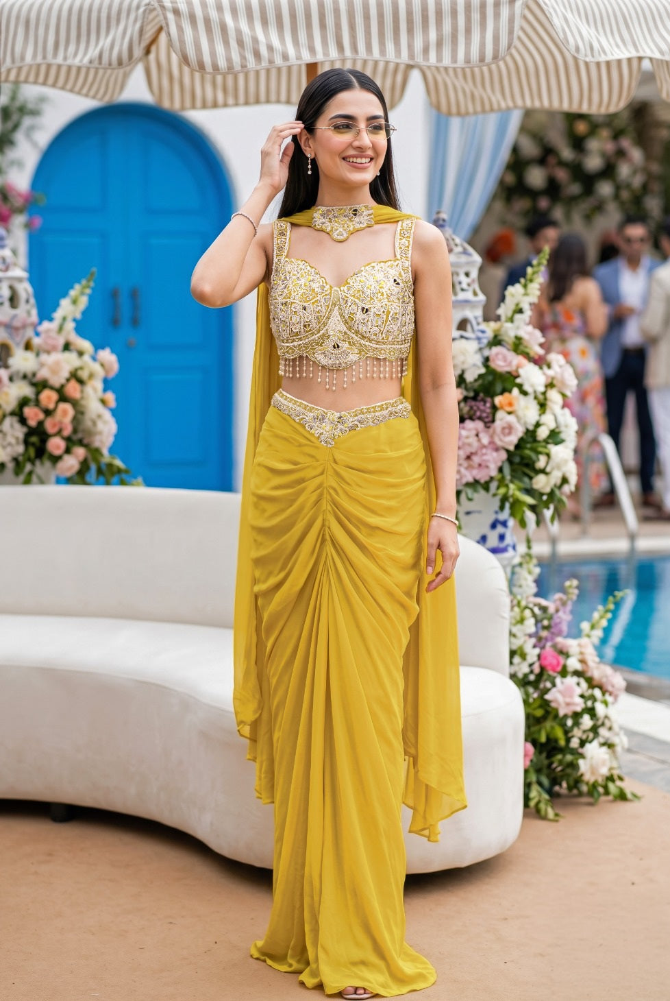 Lemon Gold Draped Saree Set
