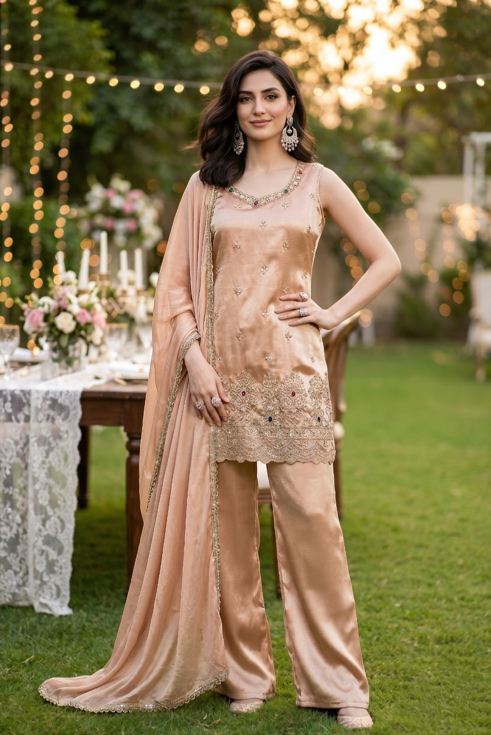 Peach Gold Palazzo Kurta Set