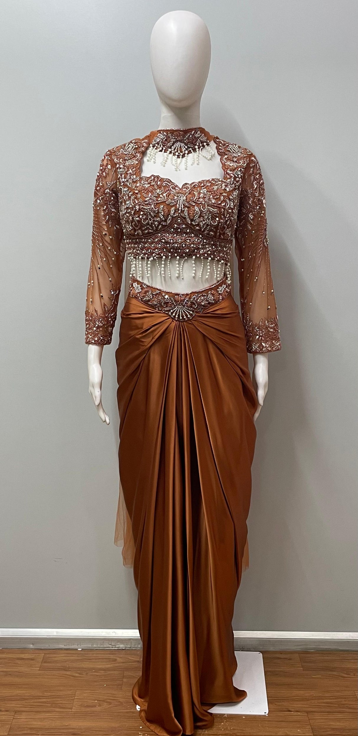 Copper Pearl Embroidered Draped Saree Set