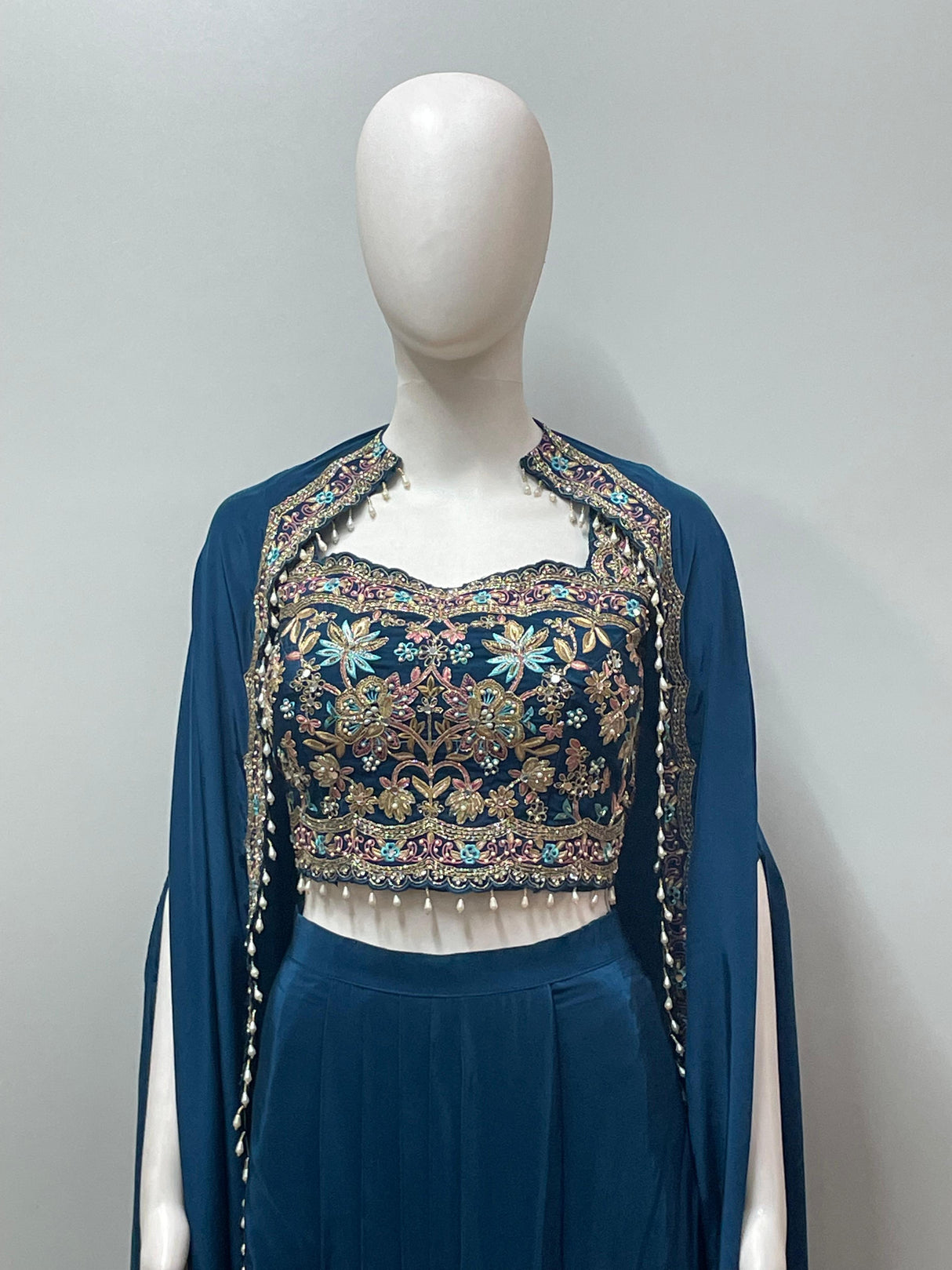 Teal Floral Embroidered Cape Palazzo Set