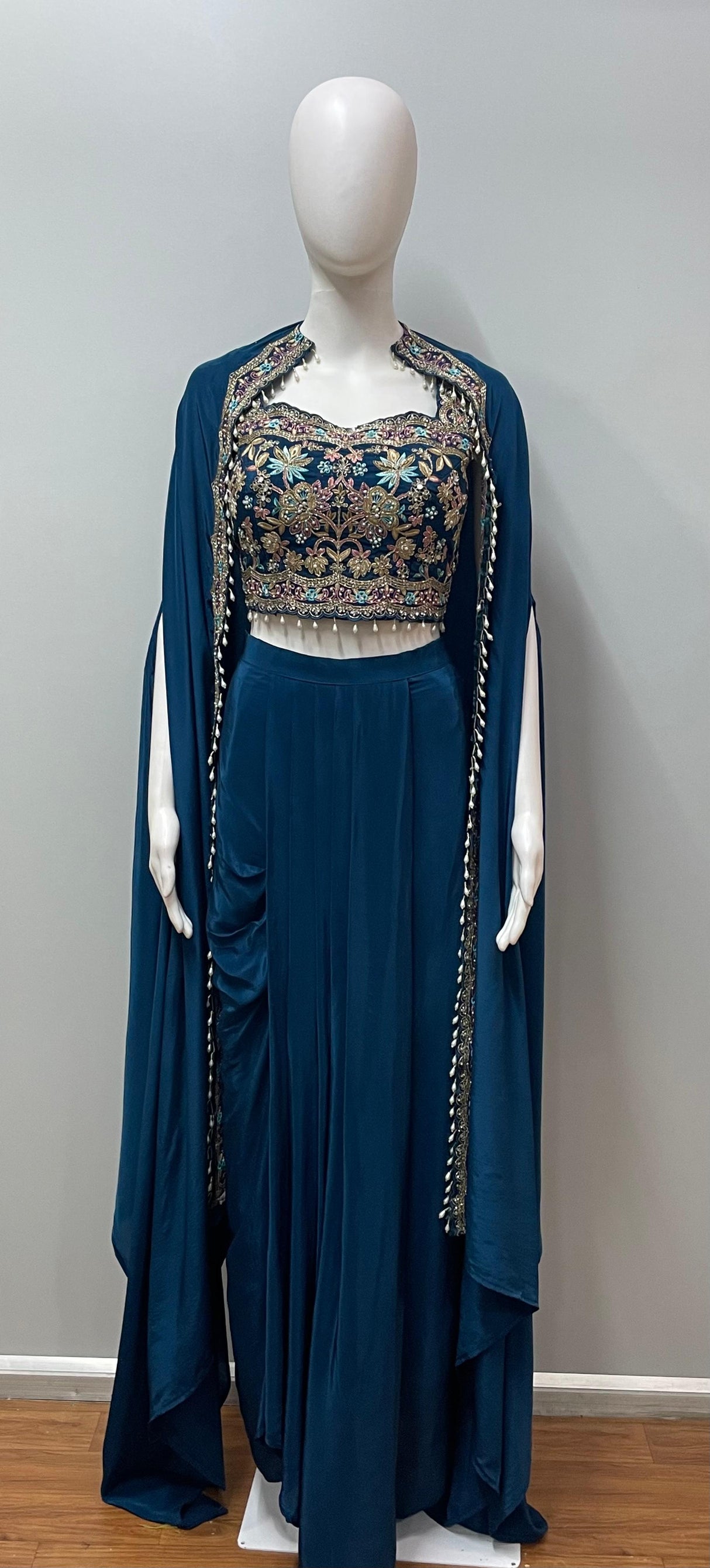Teal Floral Embroidered Cape Palazzo Set