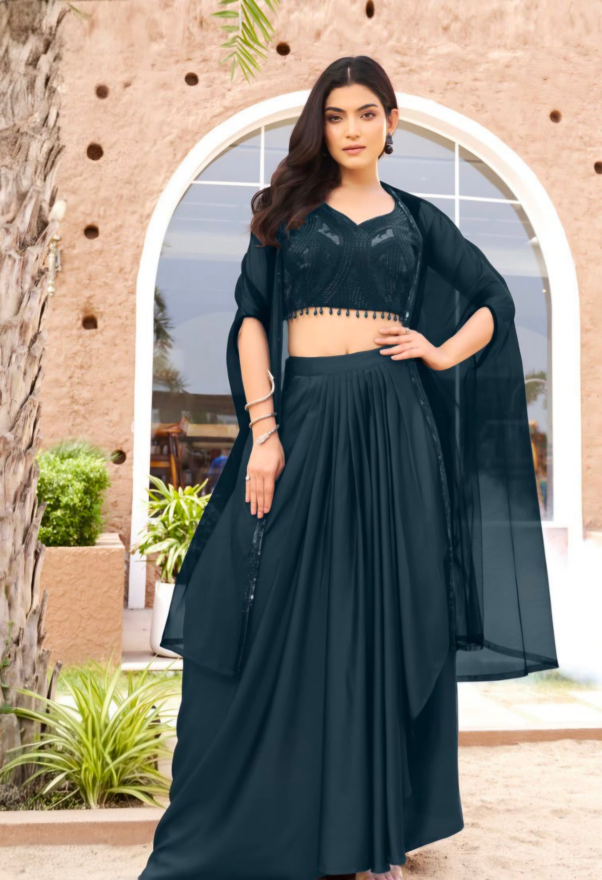 Midnight Teal Embroidered Cape Lehenga Set