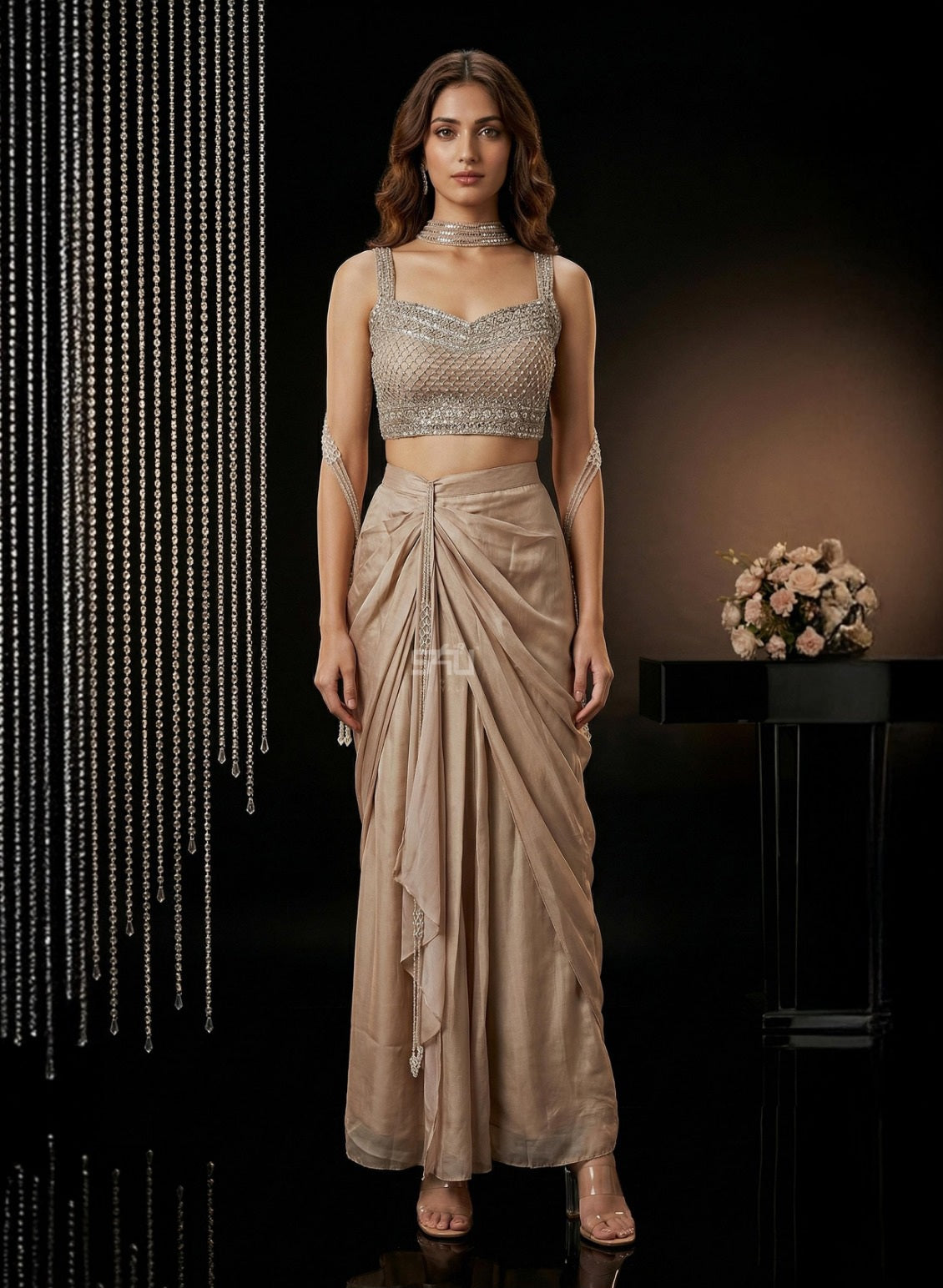 Champagne Pearl Draped Saree Set