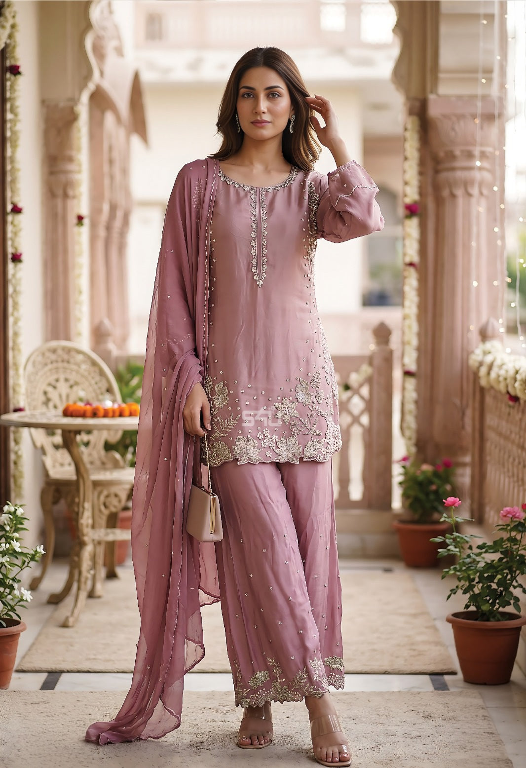 Dusty Mauve Embroidered Palazzo Set
