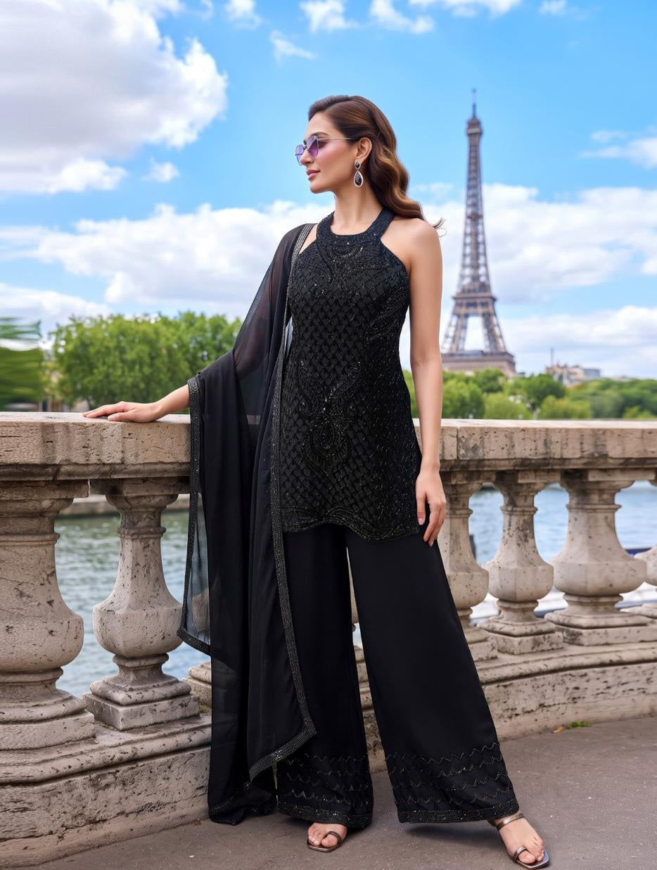 Black Noir Embroidered Palazzo Suit Set