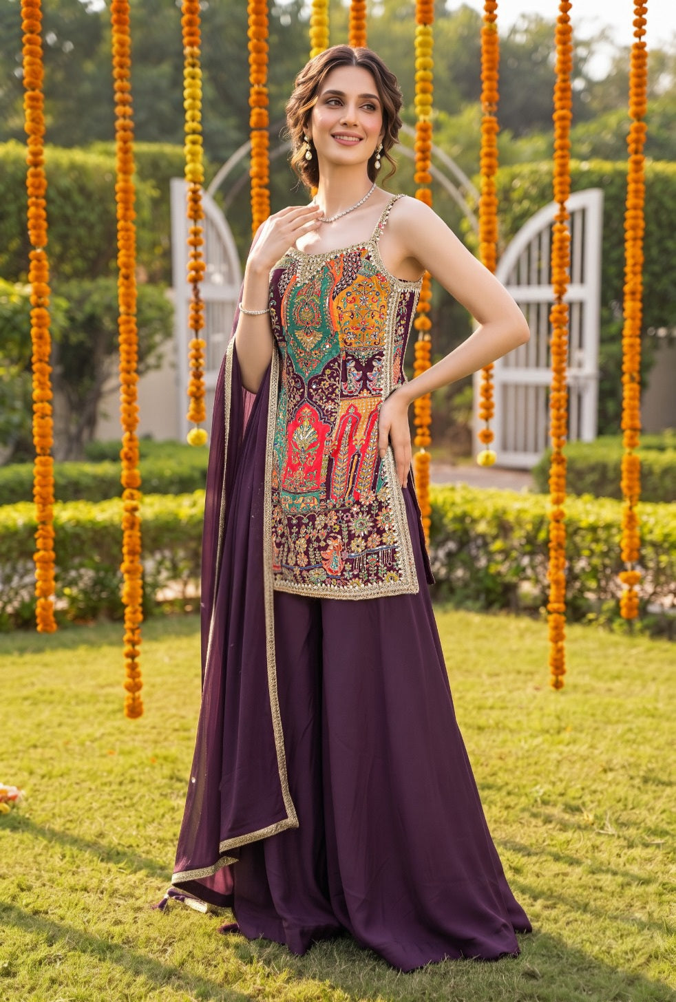 Plum Multicolor Embroidered Palazzo Suit Set