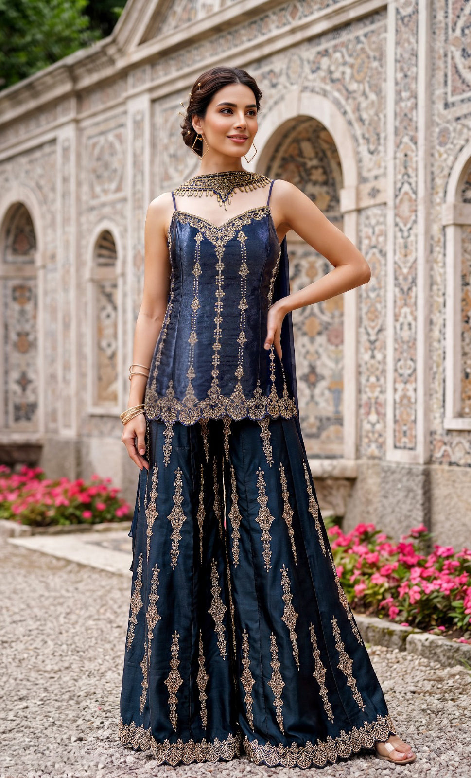 Navy Gold Embroidered Palazzo Suit Set