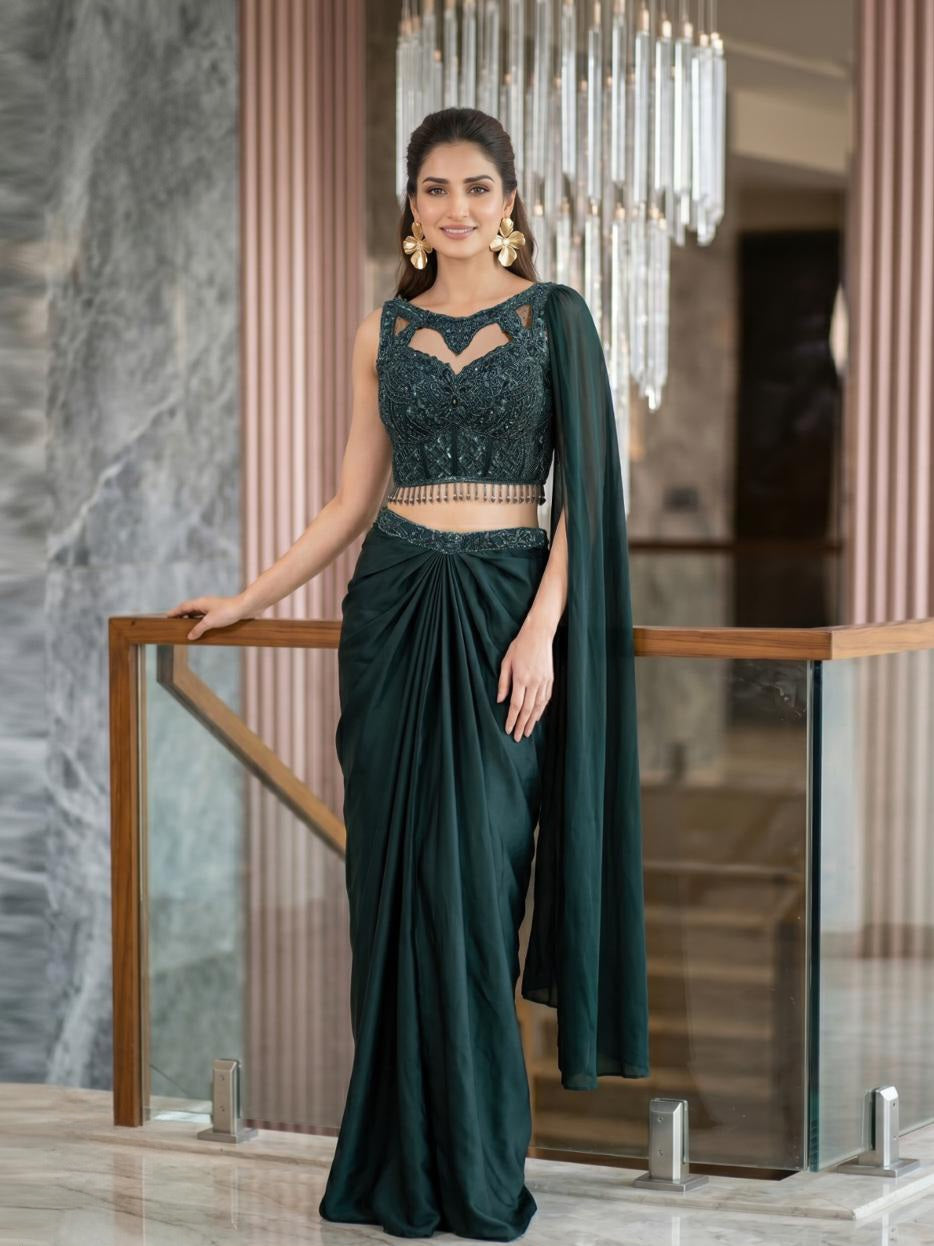 Emerald Noir Embellished Draped Saree Set