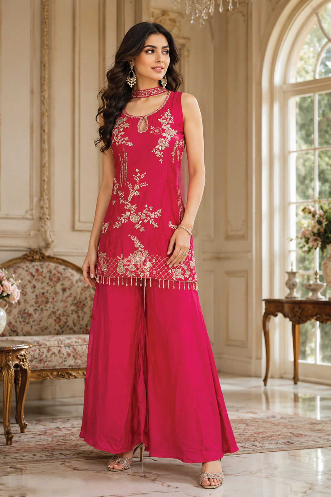 Rani Pink Gold Embroidered Palazzo Set
