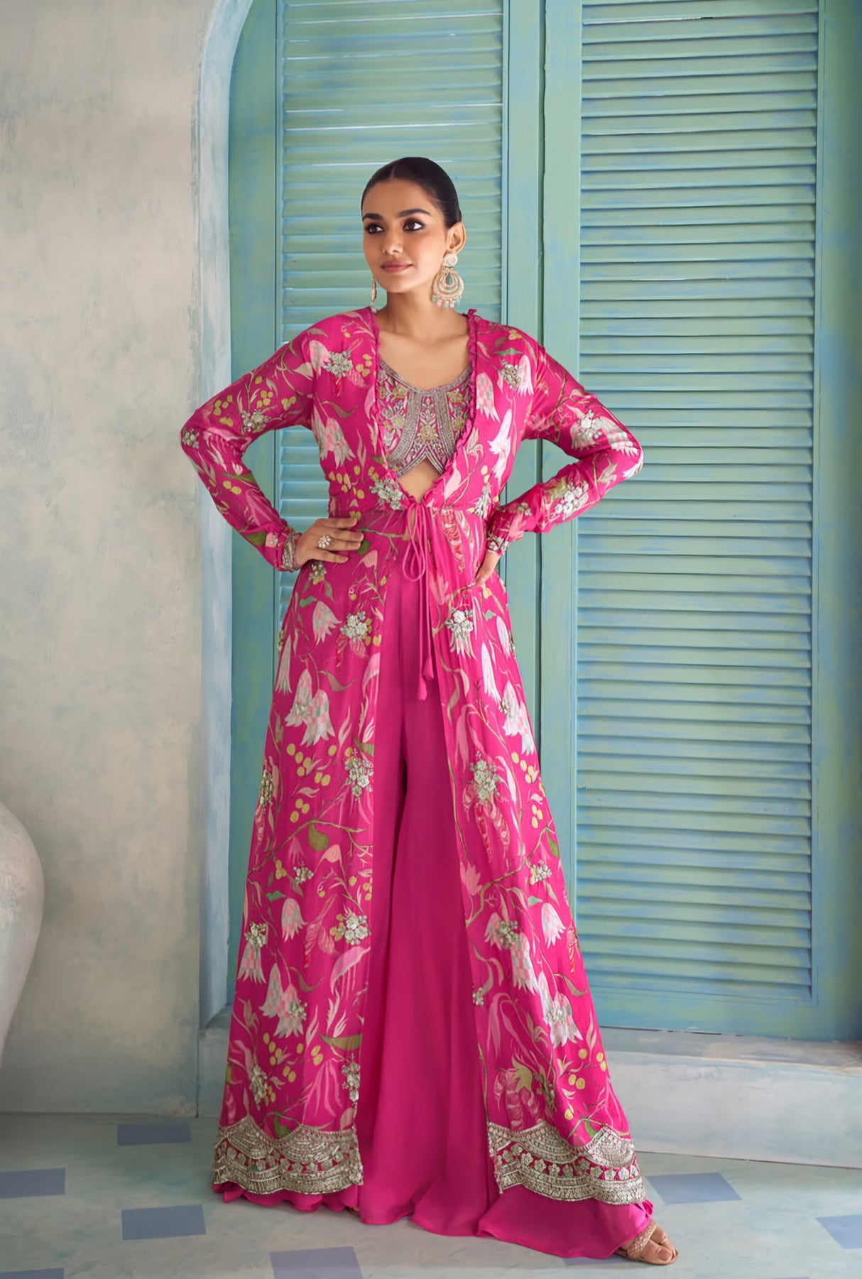 Fuchsia Floral Embroidered Jacket Palazzo Set