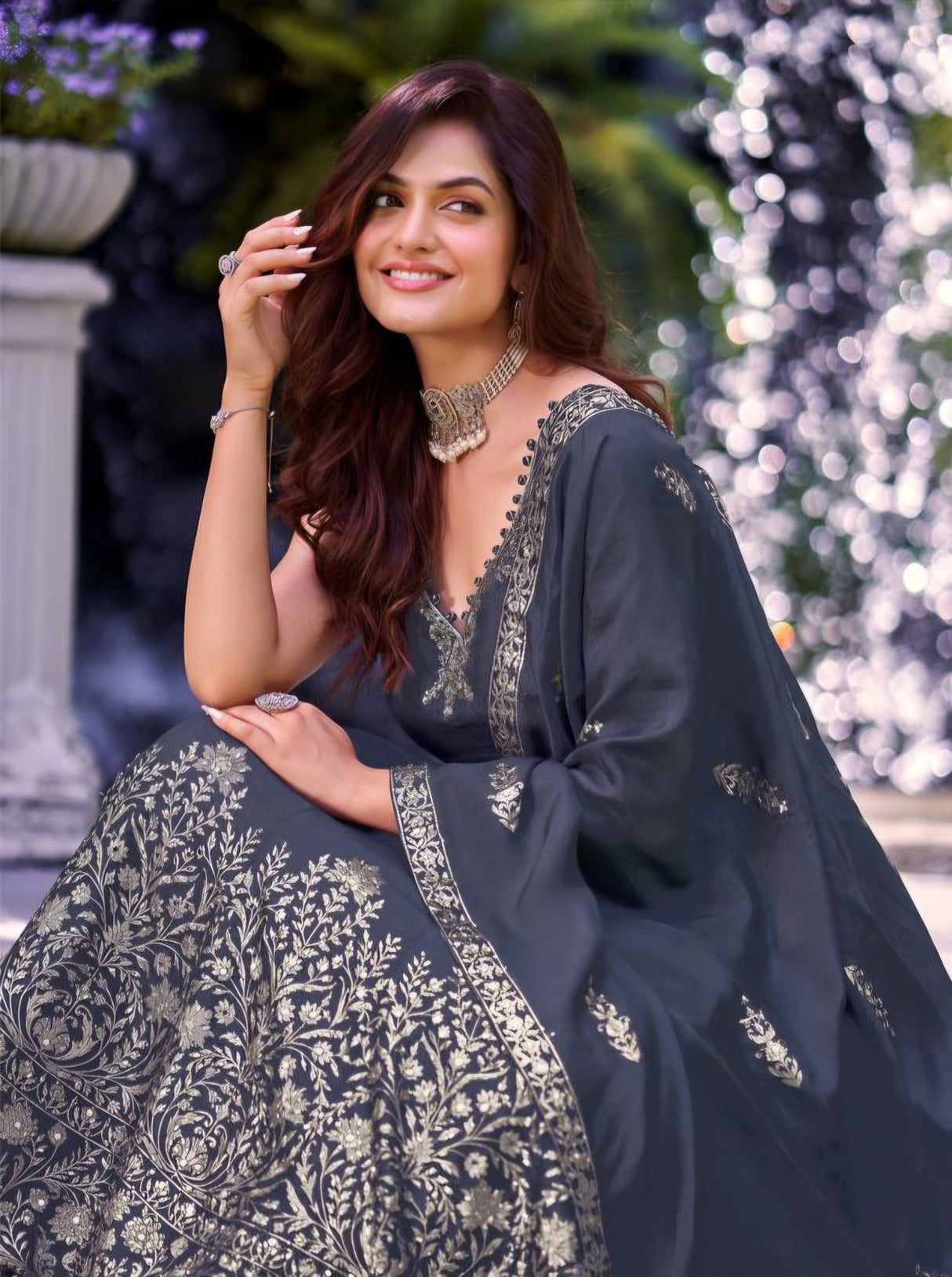 Midnight Blue Gold Embroidered Anarkali Palazzo Set