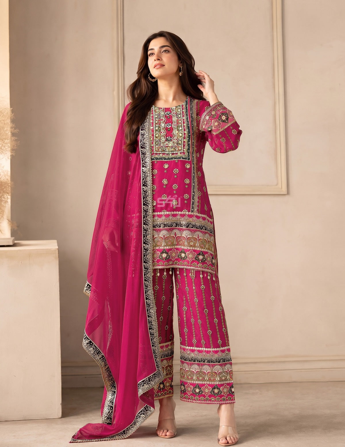Rani Pink Gold Embroidered Palazzo Dupatta Set