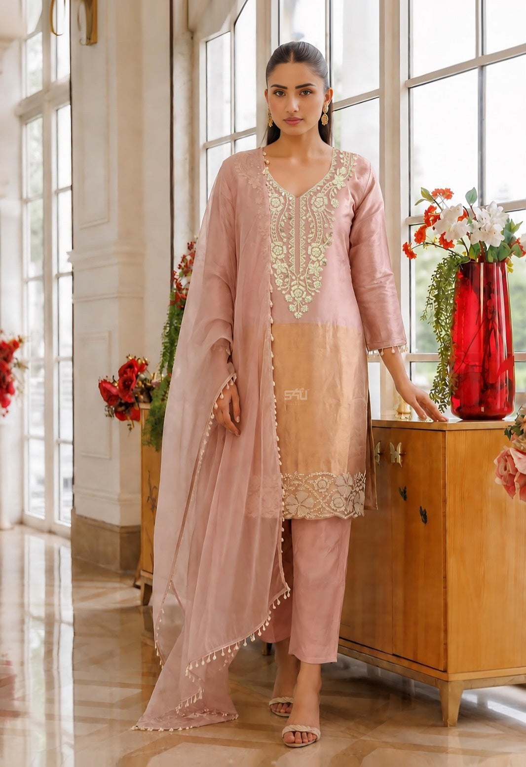 Blush Champagne Embroidered Kurta Trouser Dupatta Set