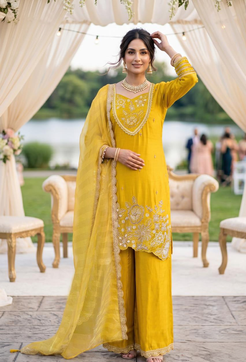 Mustard Ivory Floral Embroidered Palazzo Dupatta Set