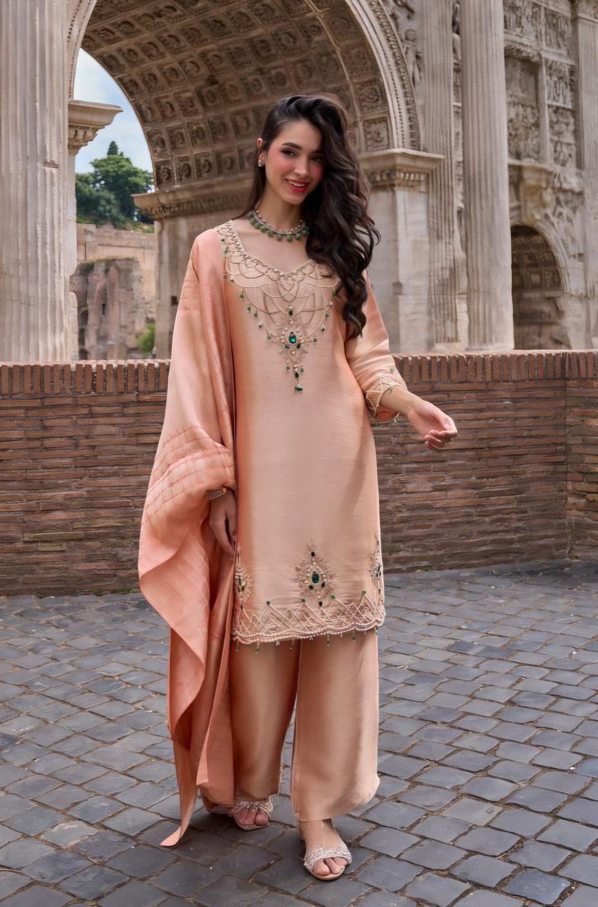 Peach Emerald Embroidered Kurta Palazzo Dupatta Set