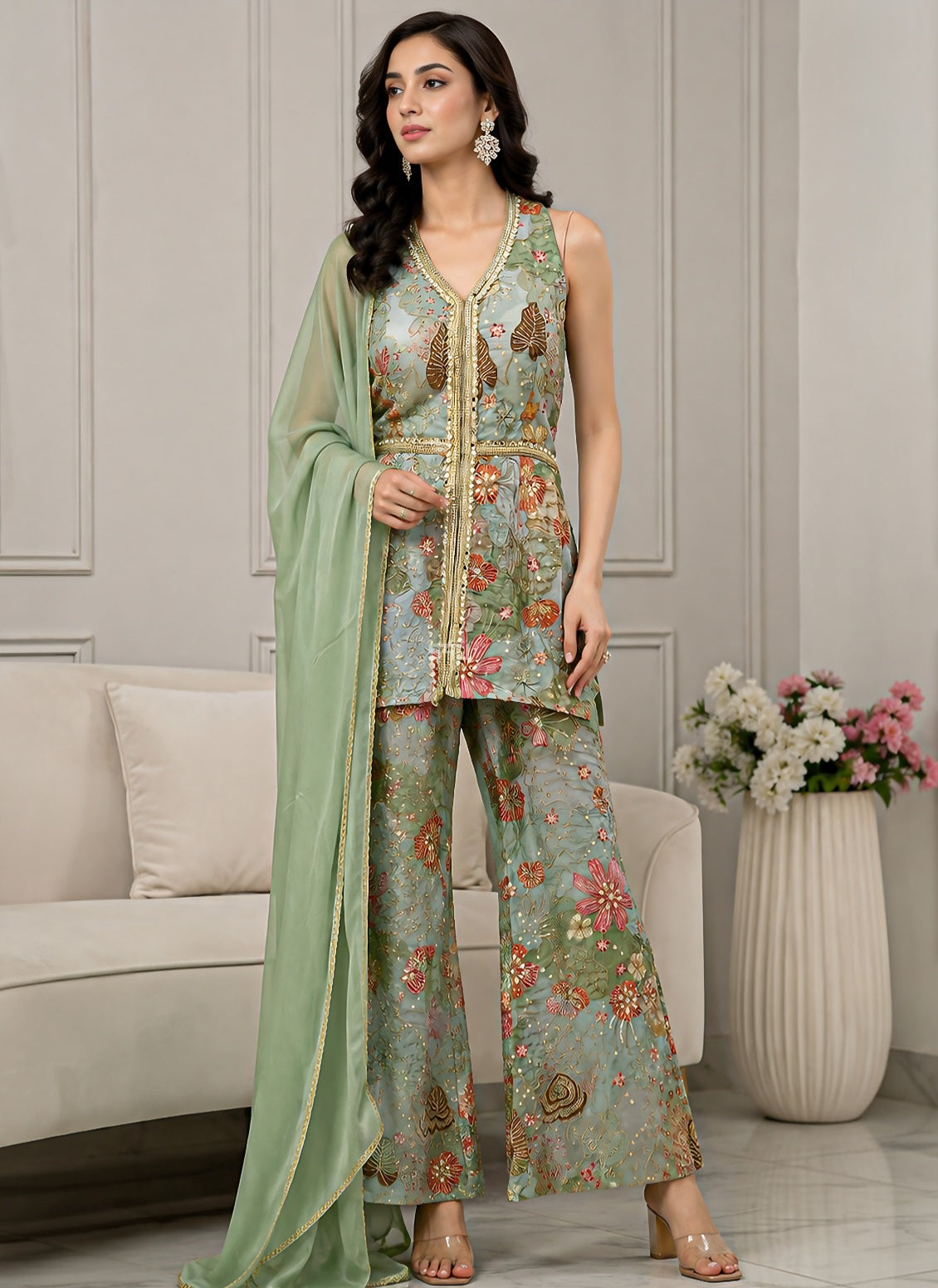 Sage Blue Floral Embroidered Palazzo Dupatta Set