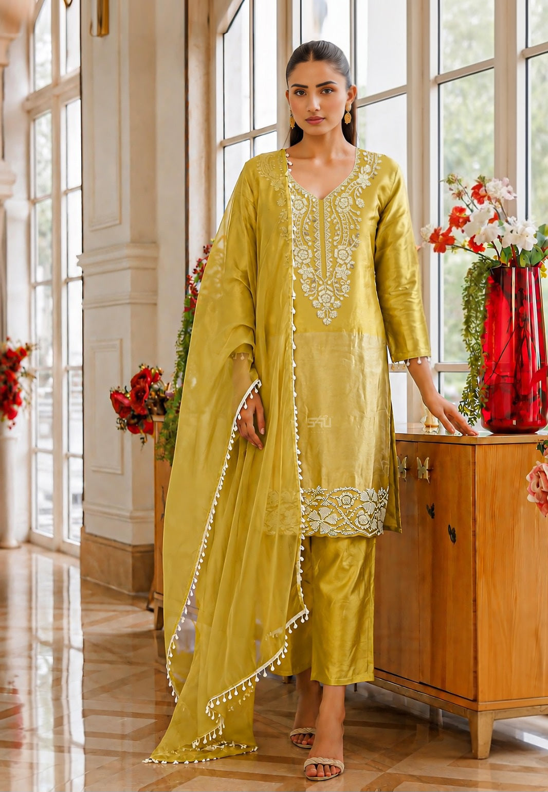 Chartreuse Ivory Embroidered Kurta Trouser Dupatta Set