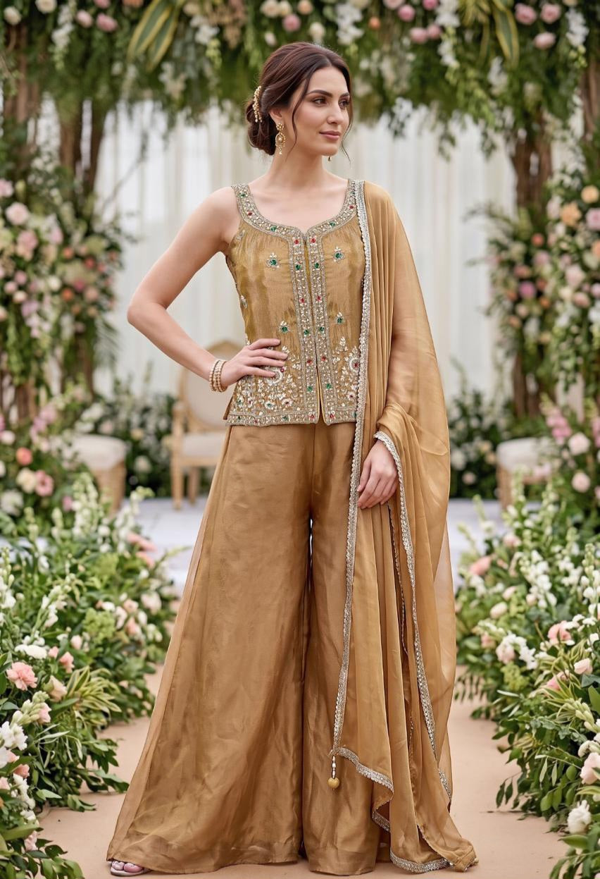 Camel Gold Jewel Embroidered Palazzo Ensemble