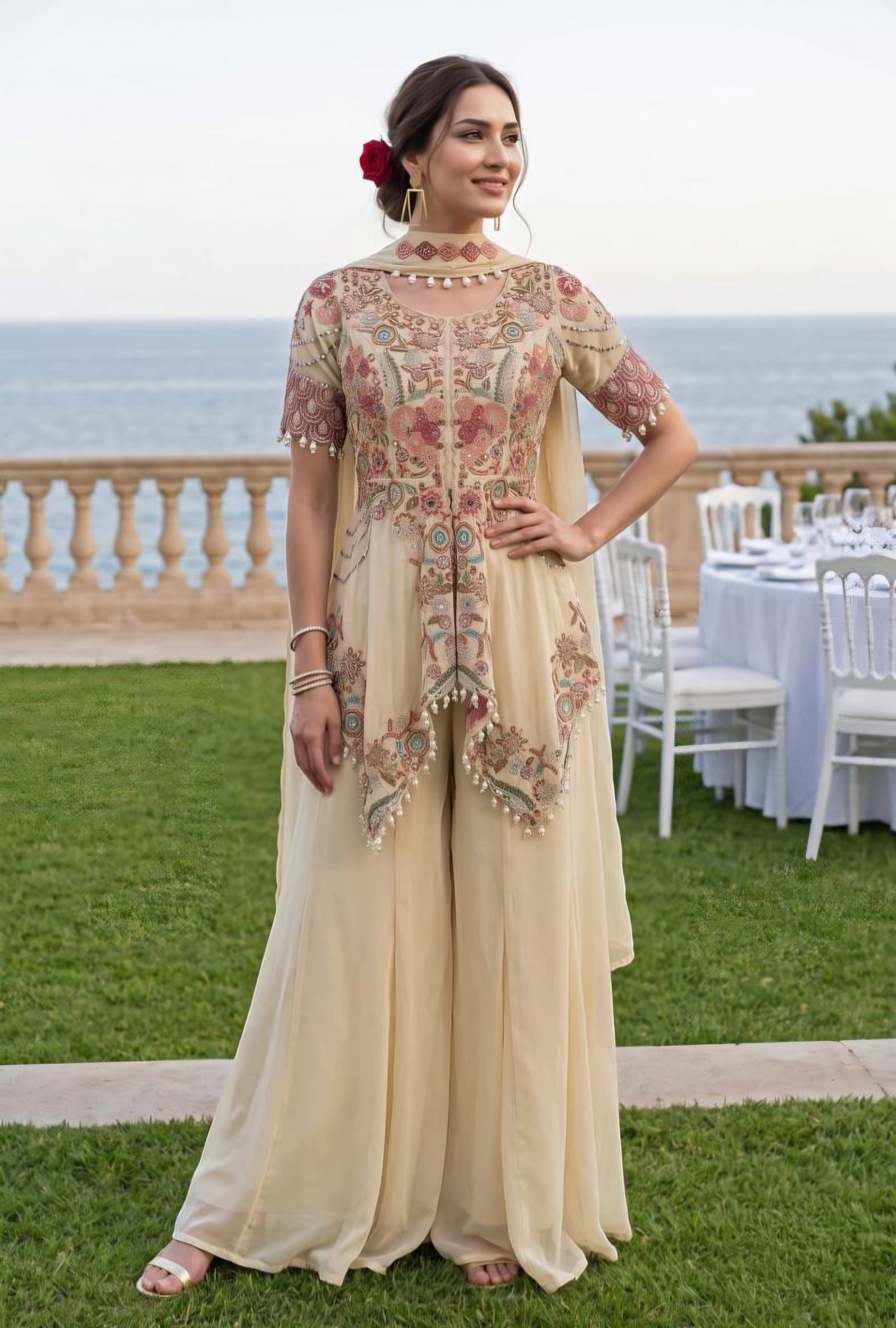 Ivory Blush Embroidered Peplum Palazzo Ensemble