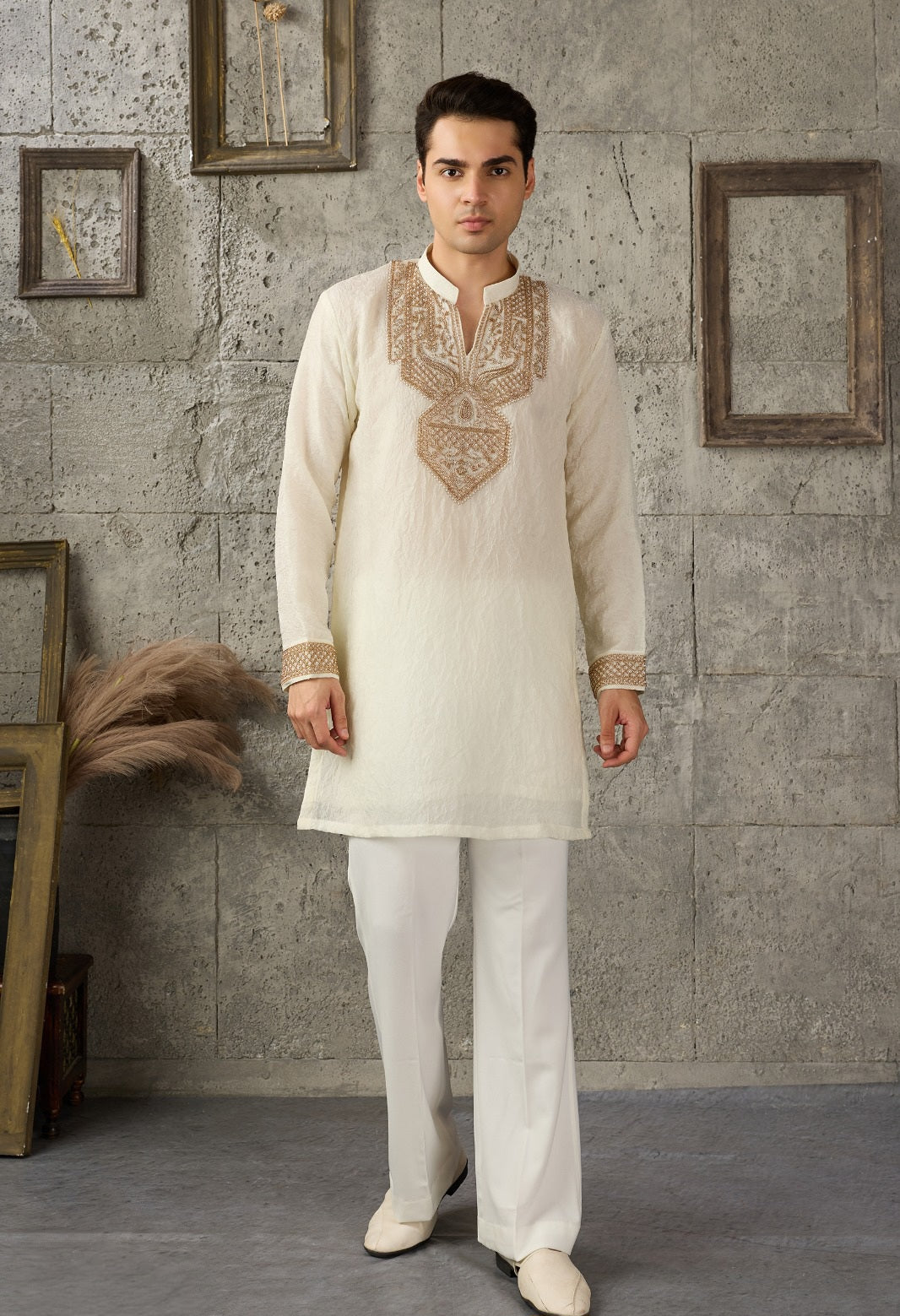 Ivory Gold Embroidered Men's Kurta Set