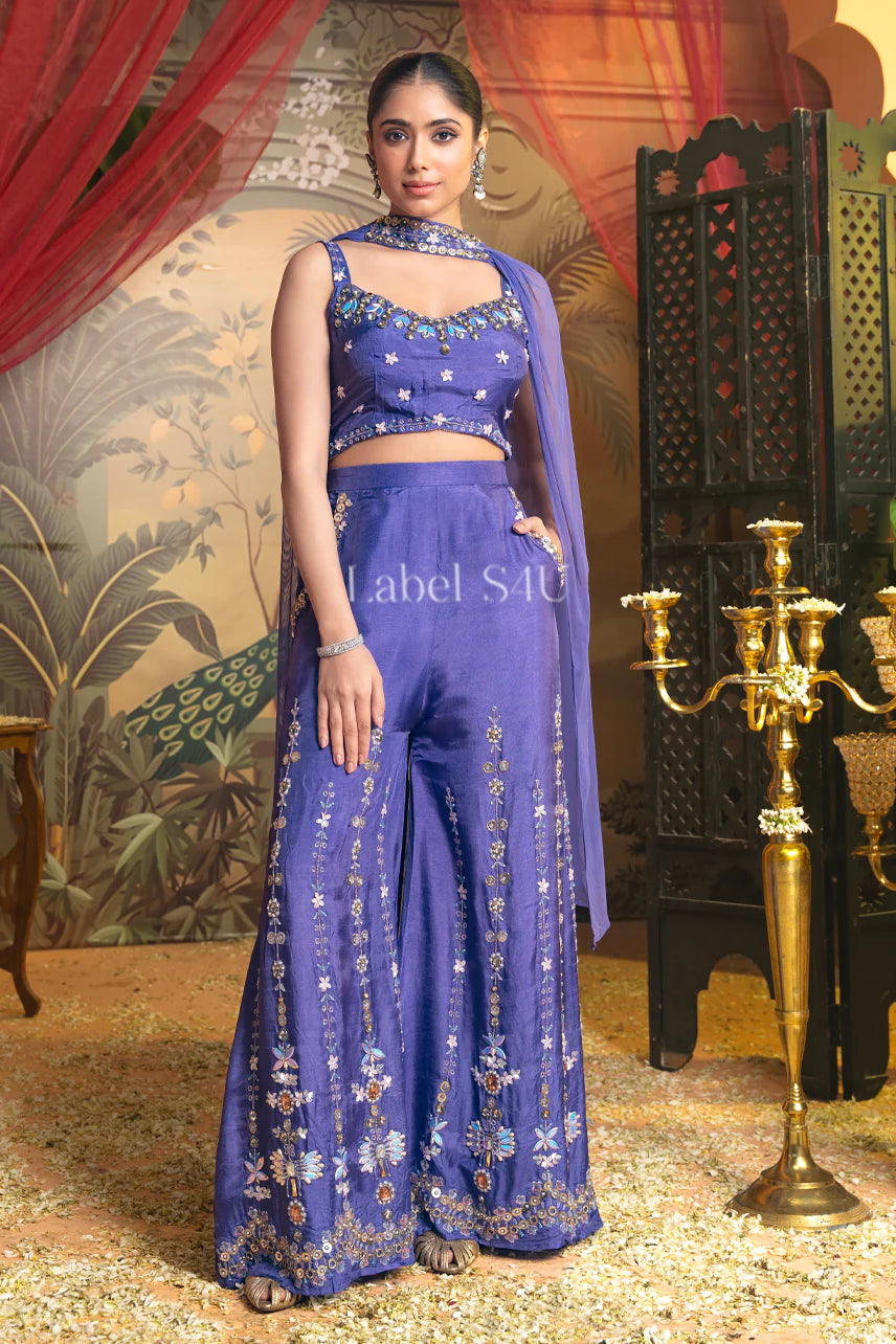 Royal Blue Hand-Crafted Palazzo Set with Dupatta | Label S4U