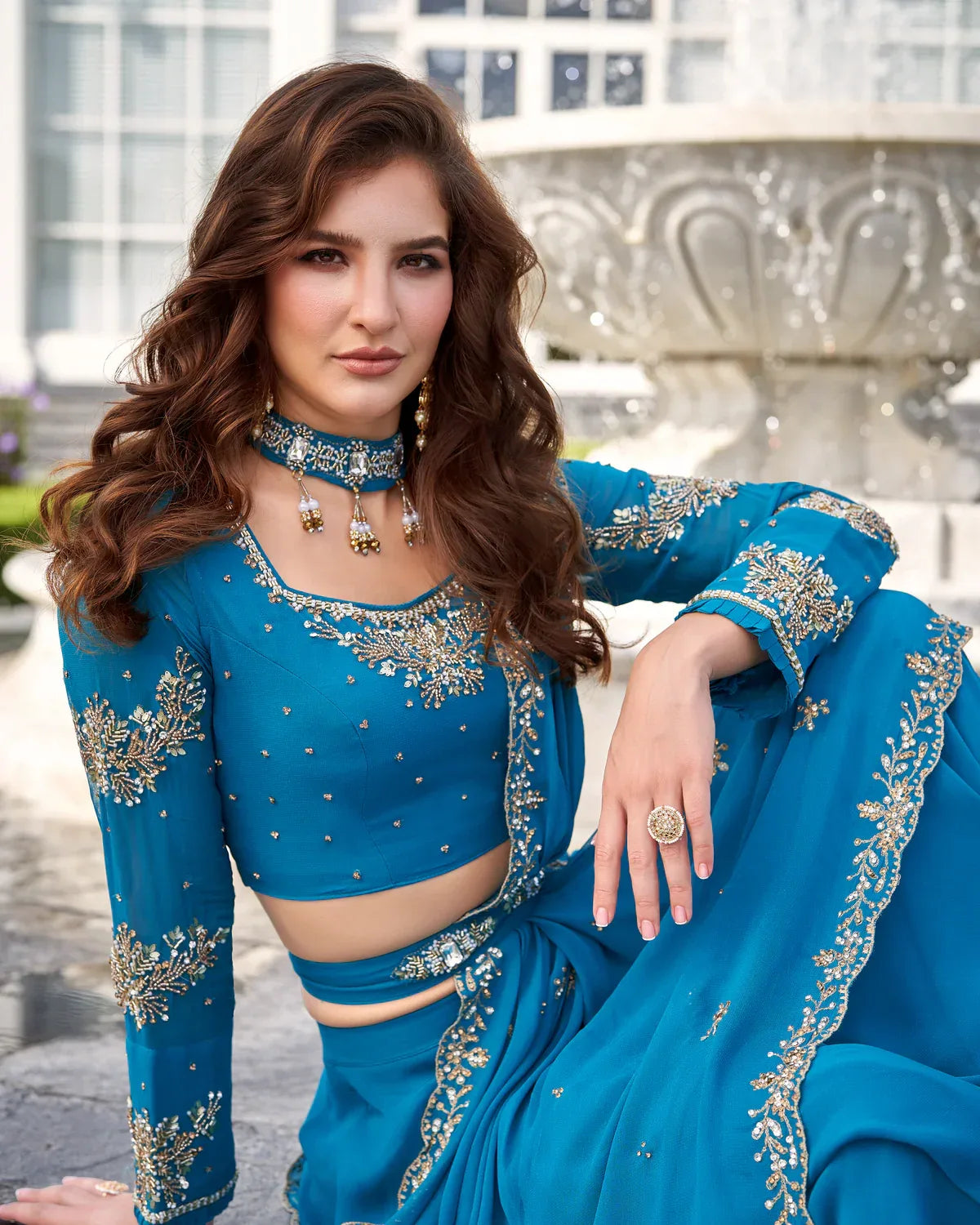 Teal Embroidered Saree Gown - MishUUU