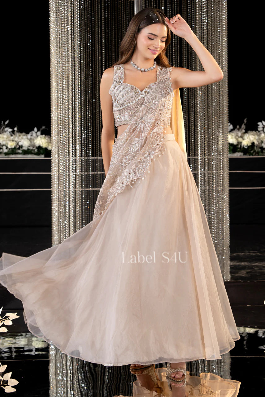 Pearl Beige Draped Lehenga Set | Label S4U