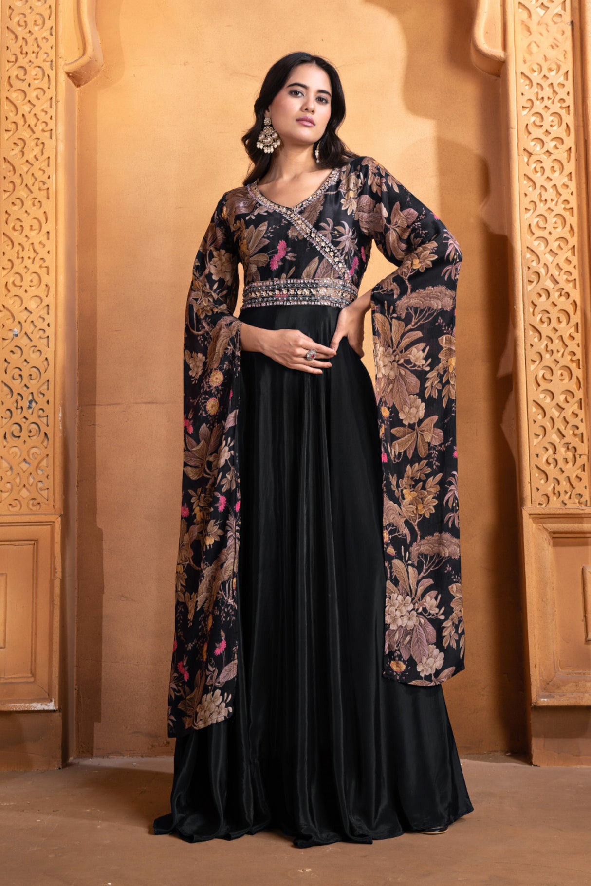 Black Floral Anarkali Set